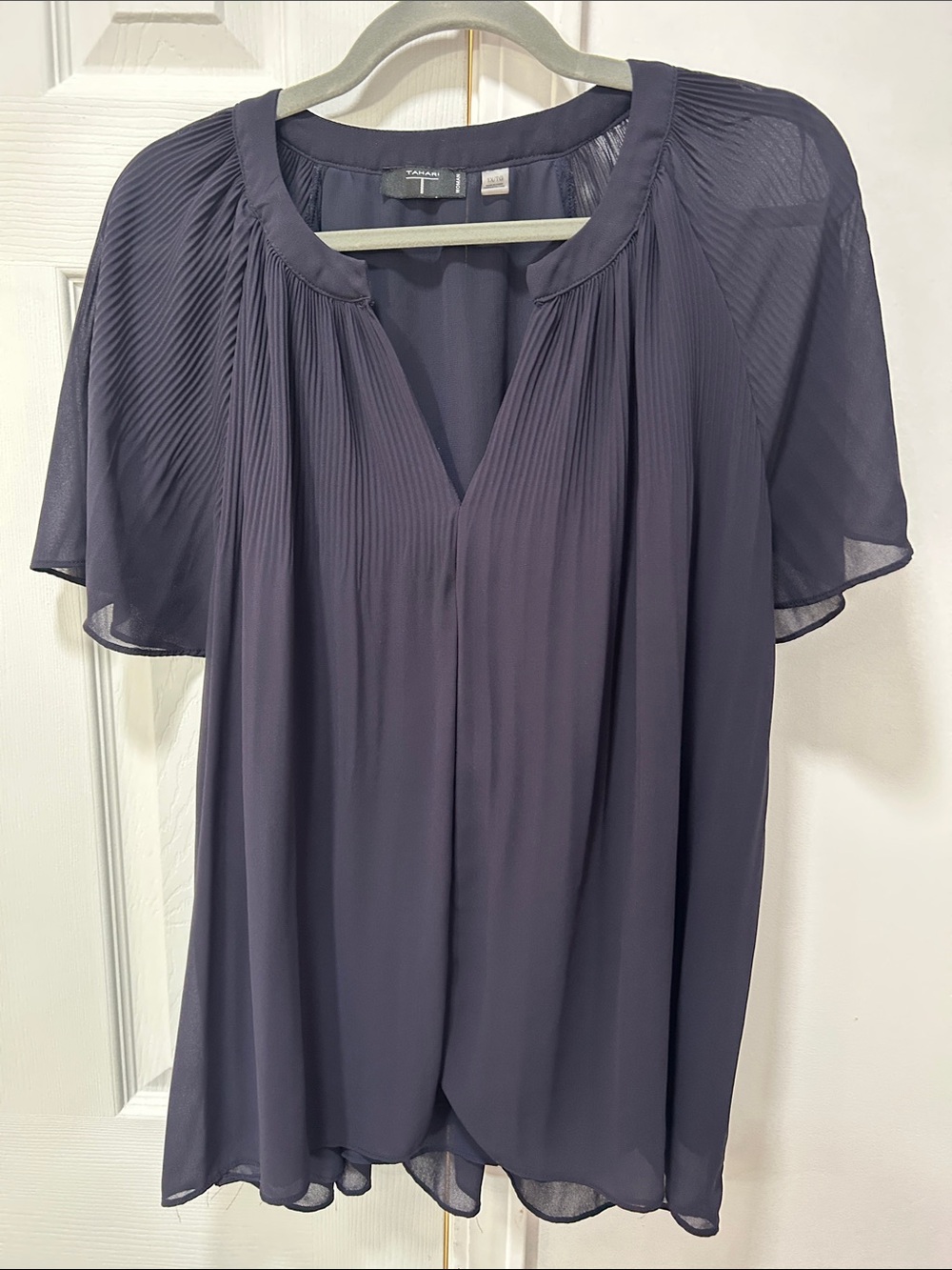 Talbots Slate Blue Pleated V-Neck Short Sleeve Blouse